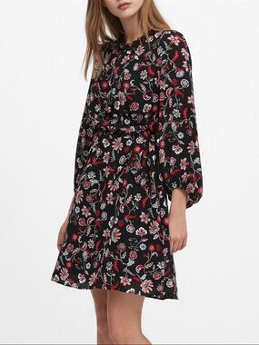 NWT Banana Republic Black Floral Long-Sleeve Tie Waist Dress SZ 12